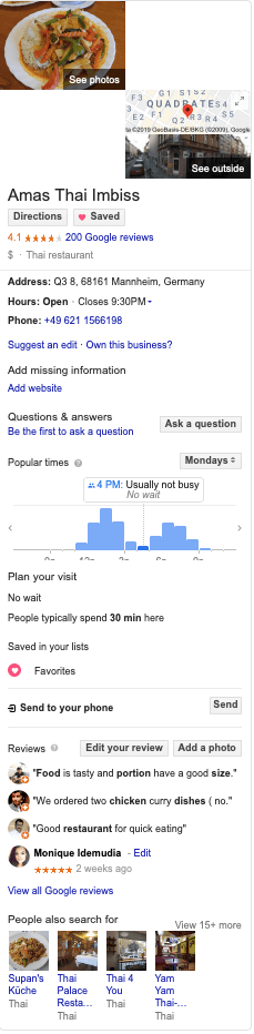 Google My Business profile of Amas Thai Imbiss in Mannheim, Germany