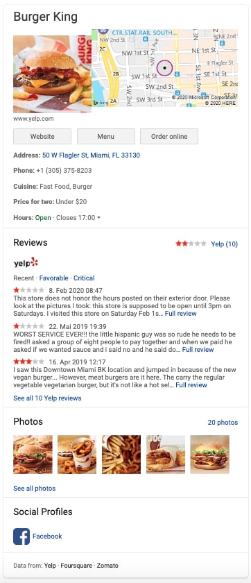Business listing of a Burger King restaurant in Bing Places for Business