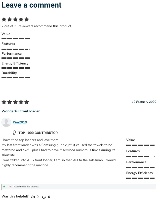 Comments and customer reviews on Choice for AEG frontloader