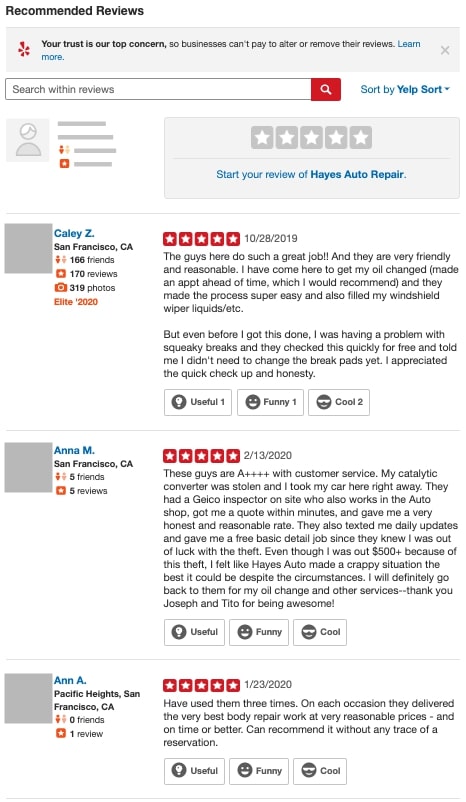 Yelp reviews of Hayes Auto Repair