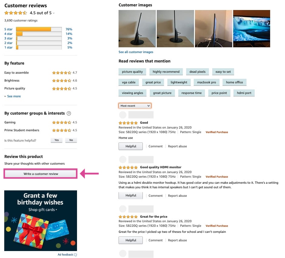 Product page on Amazon with online customer reviews